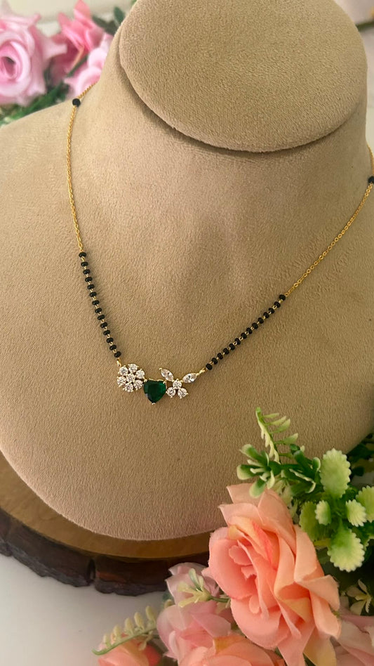 Green Heart Pendant Black Beads Mangalsutra Chain with CZ Flower Design