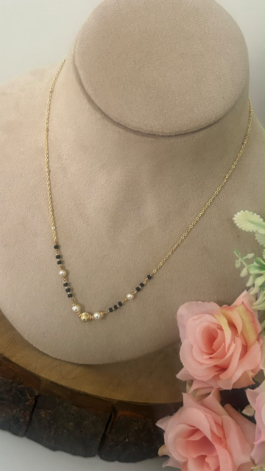Gold Replica Black Beads Chain with Pearl Beads | Elegant Mangalsutra Style Necklace