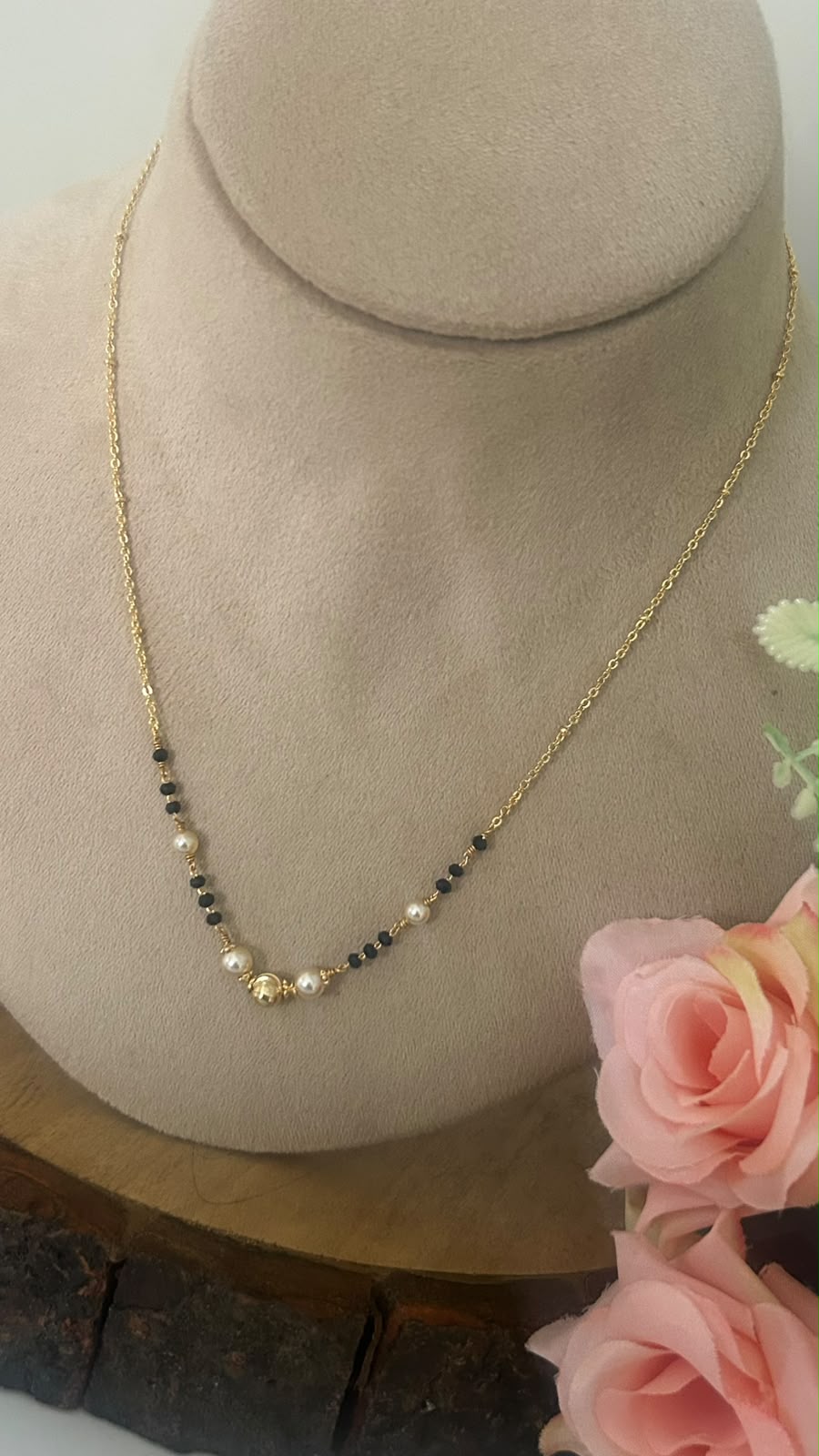 Gold Replica Black Beads Chain with Pearl Beads | Elegant Mangalsutra Style Necklace