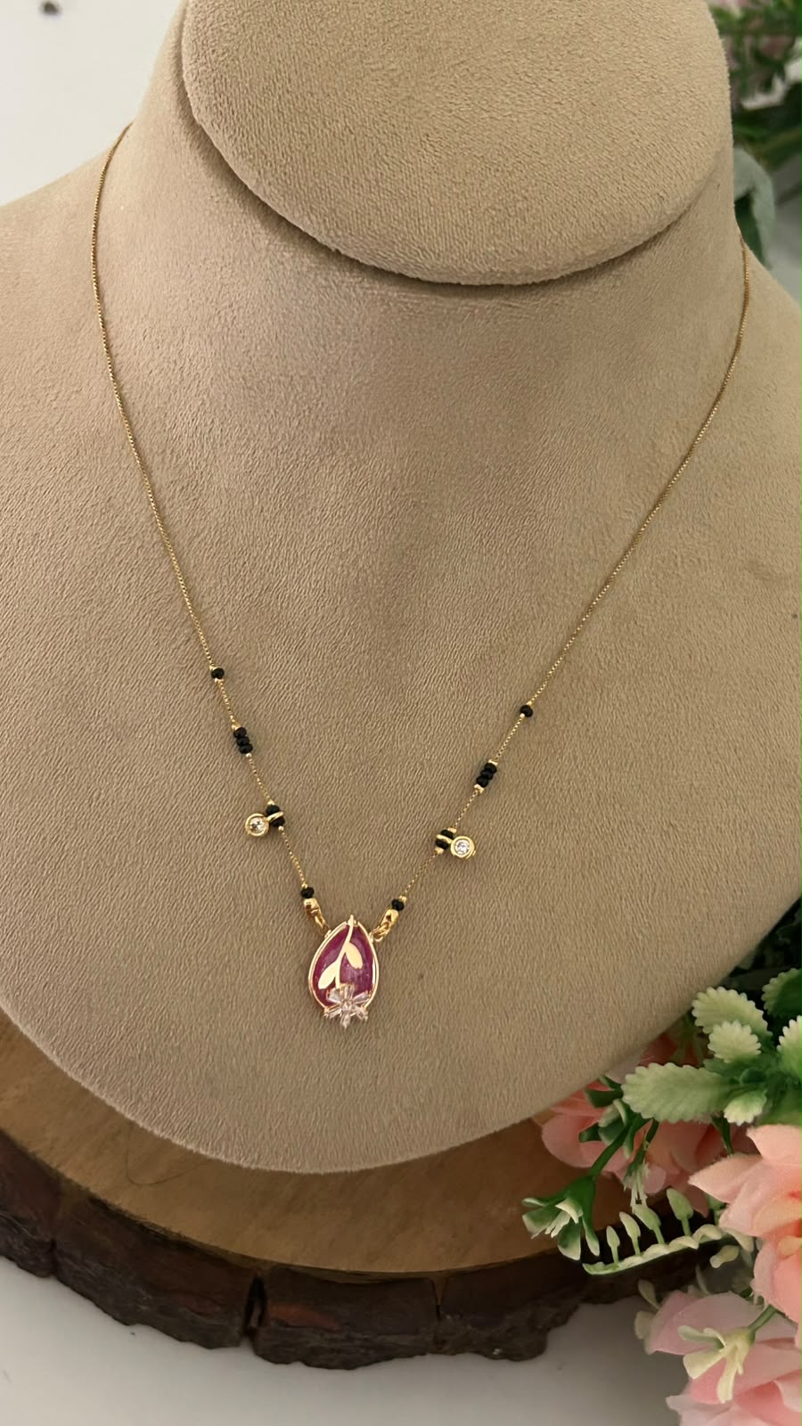 Fancy Gold Look Mangalsutra with Black Beads and Stone Pendant