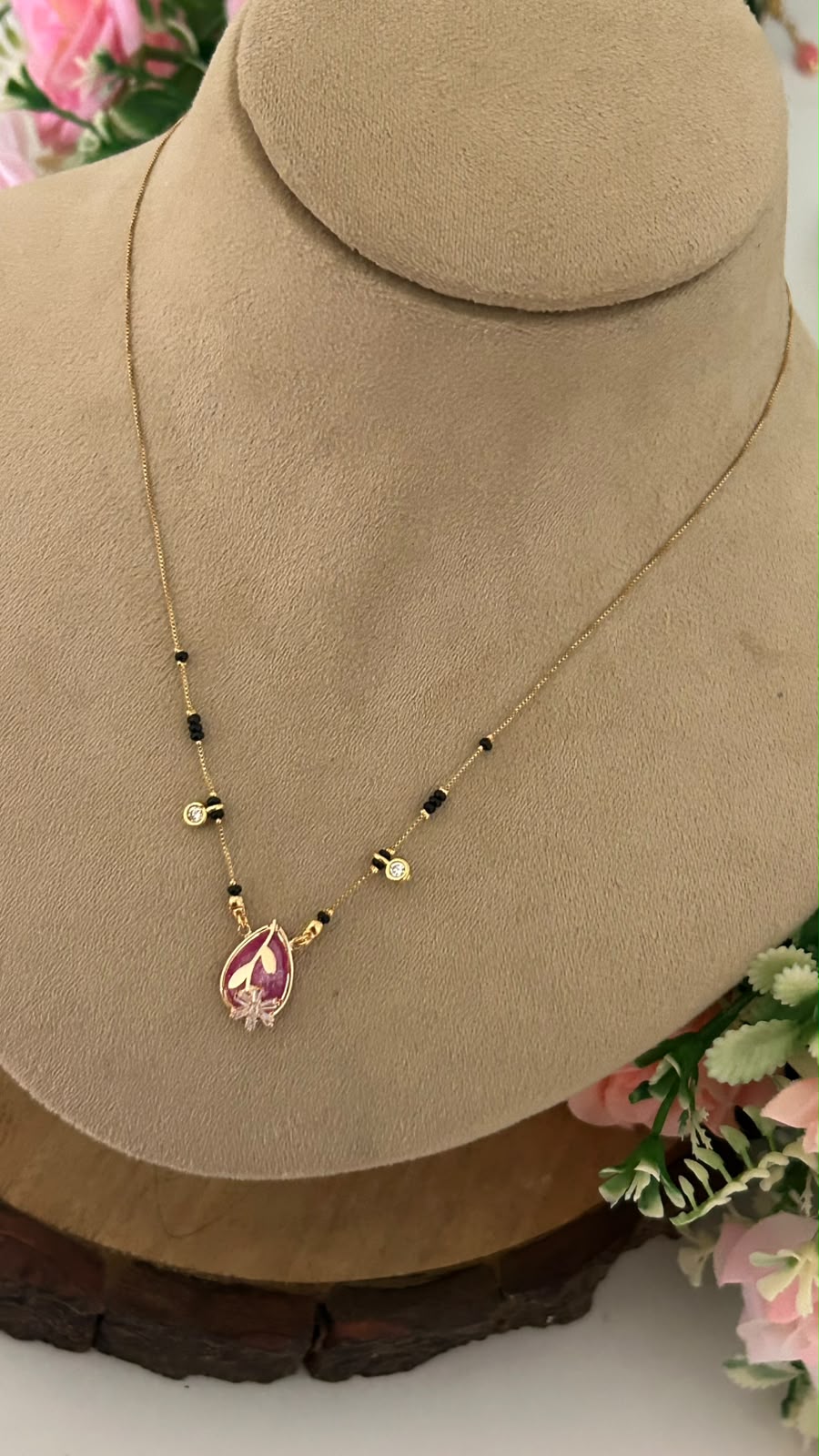 Fancy Gold Look Mangalsutra with Black Beads and Stone Pendant