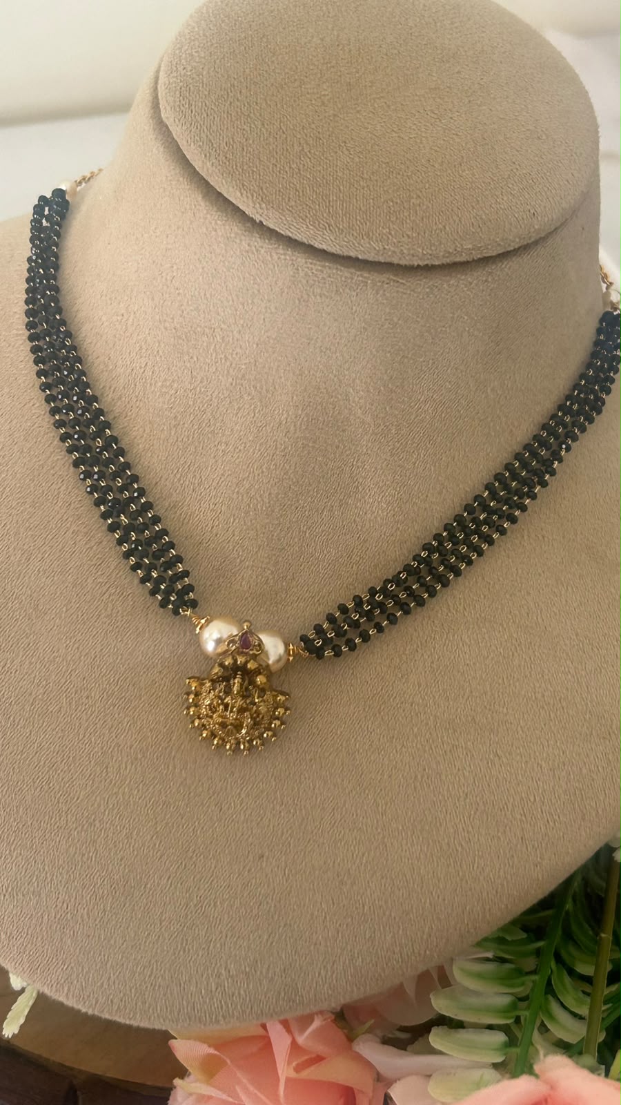 Traditional Black Beads Choker Necklace with Gold Lakshmi Pendant & Pearl Accents