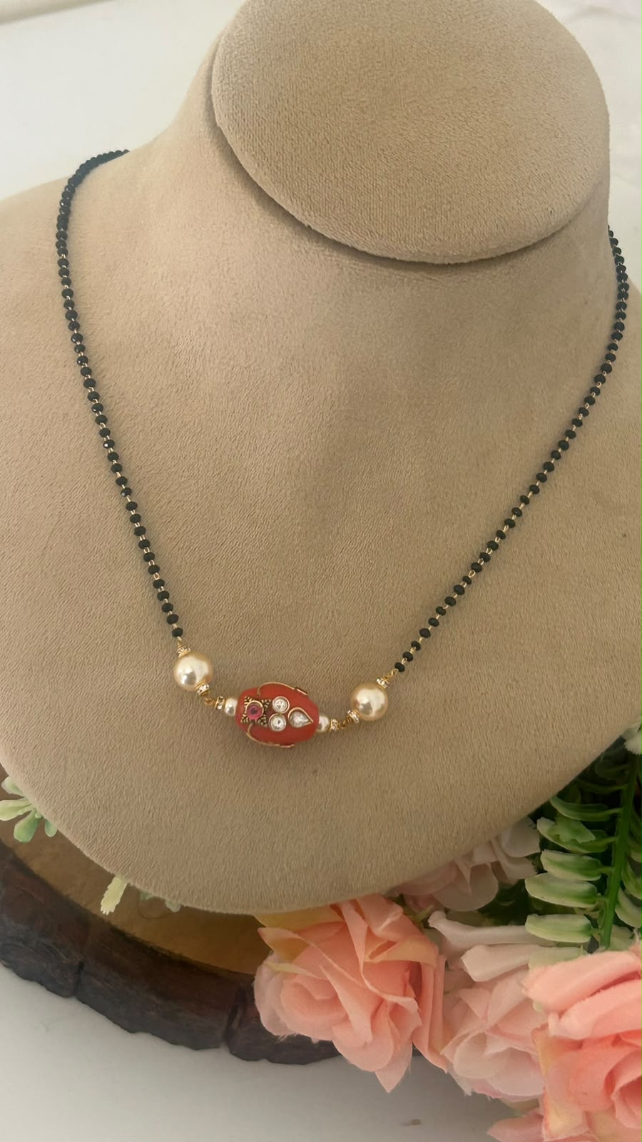 Traditional Black Beads Chain with Red coralPendant