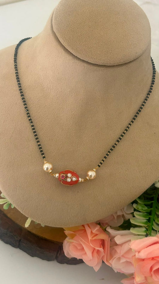 Traditional Black Beads Chain with Red coralPendant
