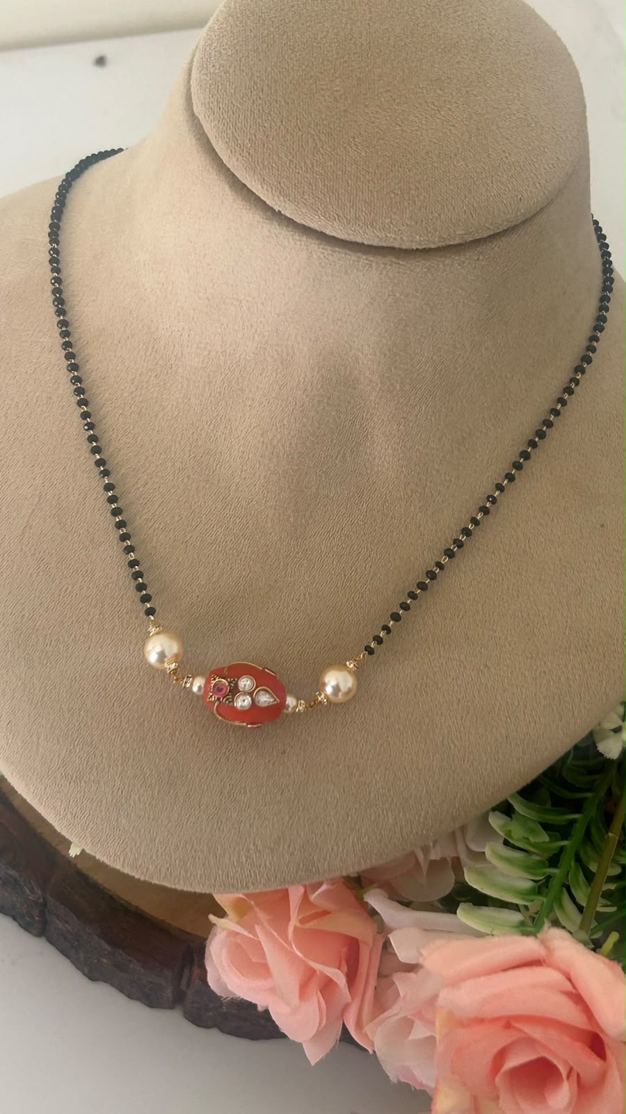 Traditional Black Beads Chain with Red coralPendant