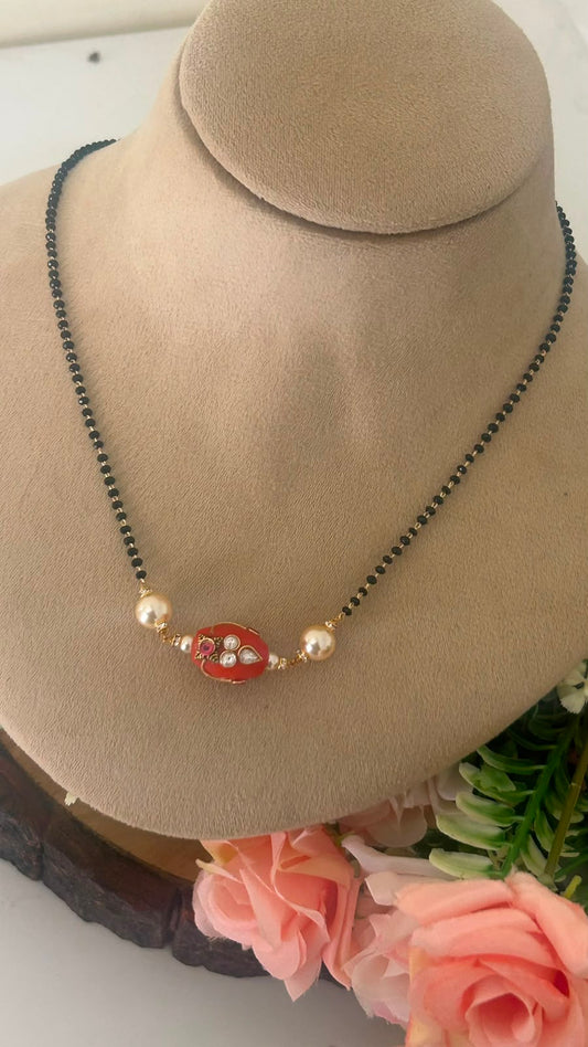 Traditional Black Beads Chain with Red coralPendant