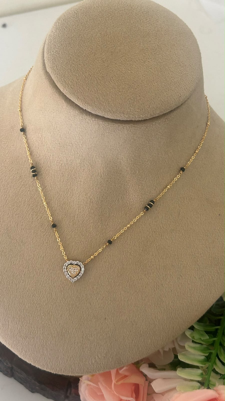 Gold Look Heart Pendant Black Beads Mangalsutra Chain for Women