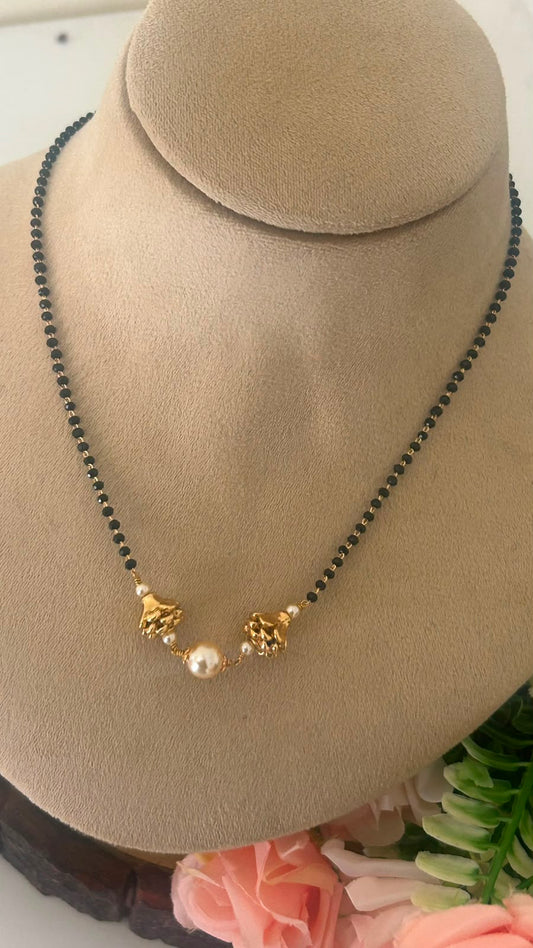 Black Beads Mangalsutra Chain with Pearl & Leaf Charm Design