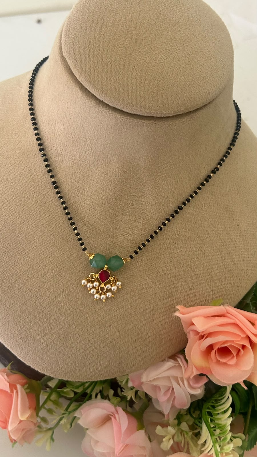 Black Beads Mangalsutra Chain with Green Beads, Red  kundan pendent & Pearl Drops