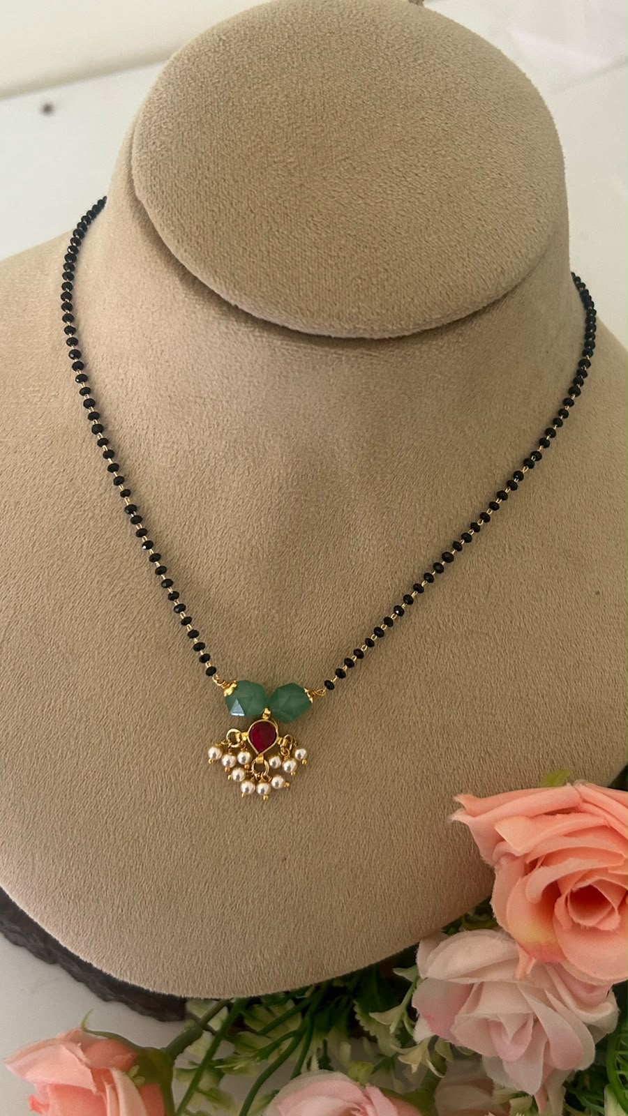 Black Beads Mangalsutra Chain with Green Beads, Red  kundan pendent & Pearl Drops