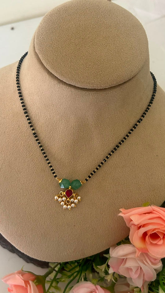 Black Beads Mangalsutra Chain with Green Beads, Red  kundan pendent & Pearl Drops