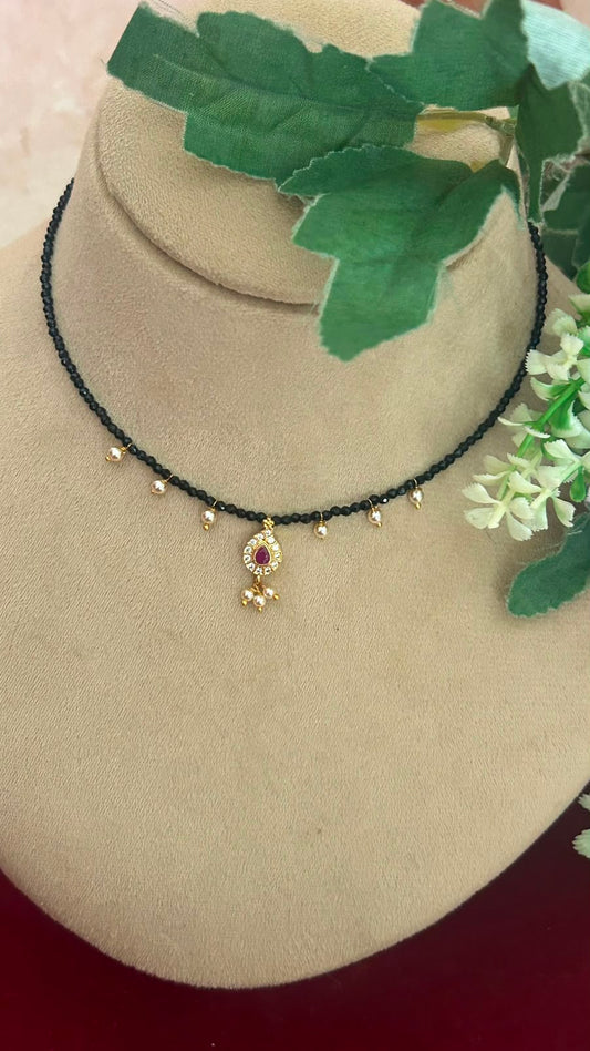 Elegant Invisible Black Beads Necklace with Ruby Pendant & pearlDrops for Women