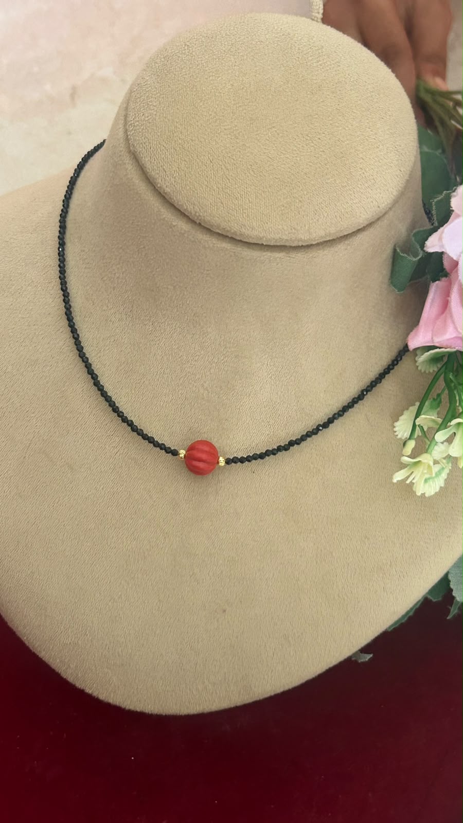 Minimalist Invisible Black Beads Necklace with Red coralBead for Women