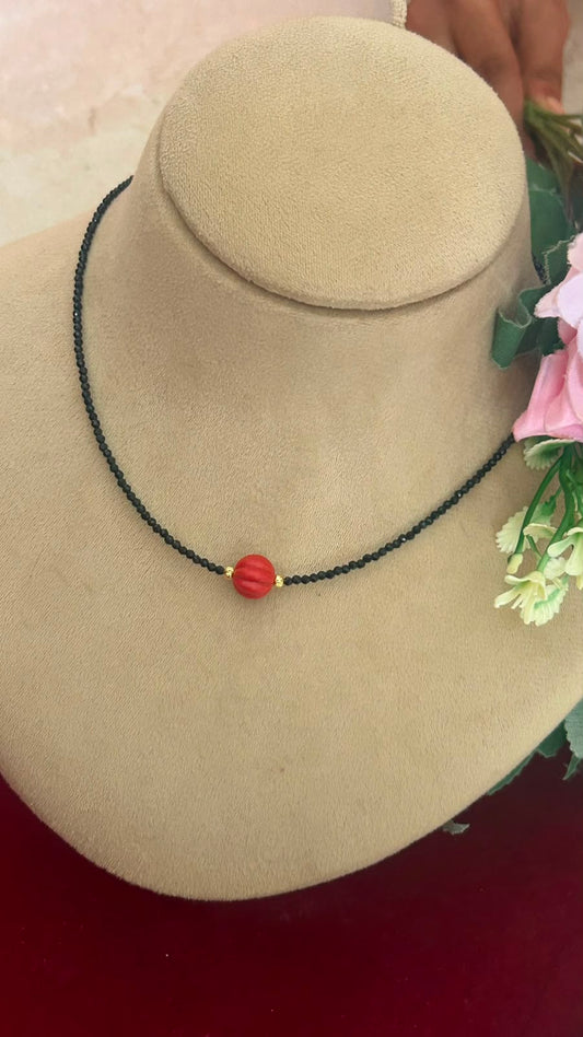 Minimalist Invisible Black Beads Necklace with Red coralBead for Women