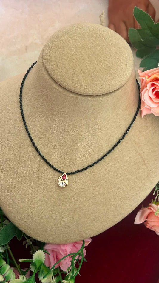 Elegant Invisible Black Beads Necklace with Ruby and White Ad Drop Pendant for Women