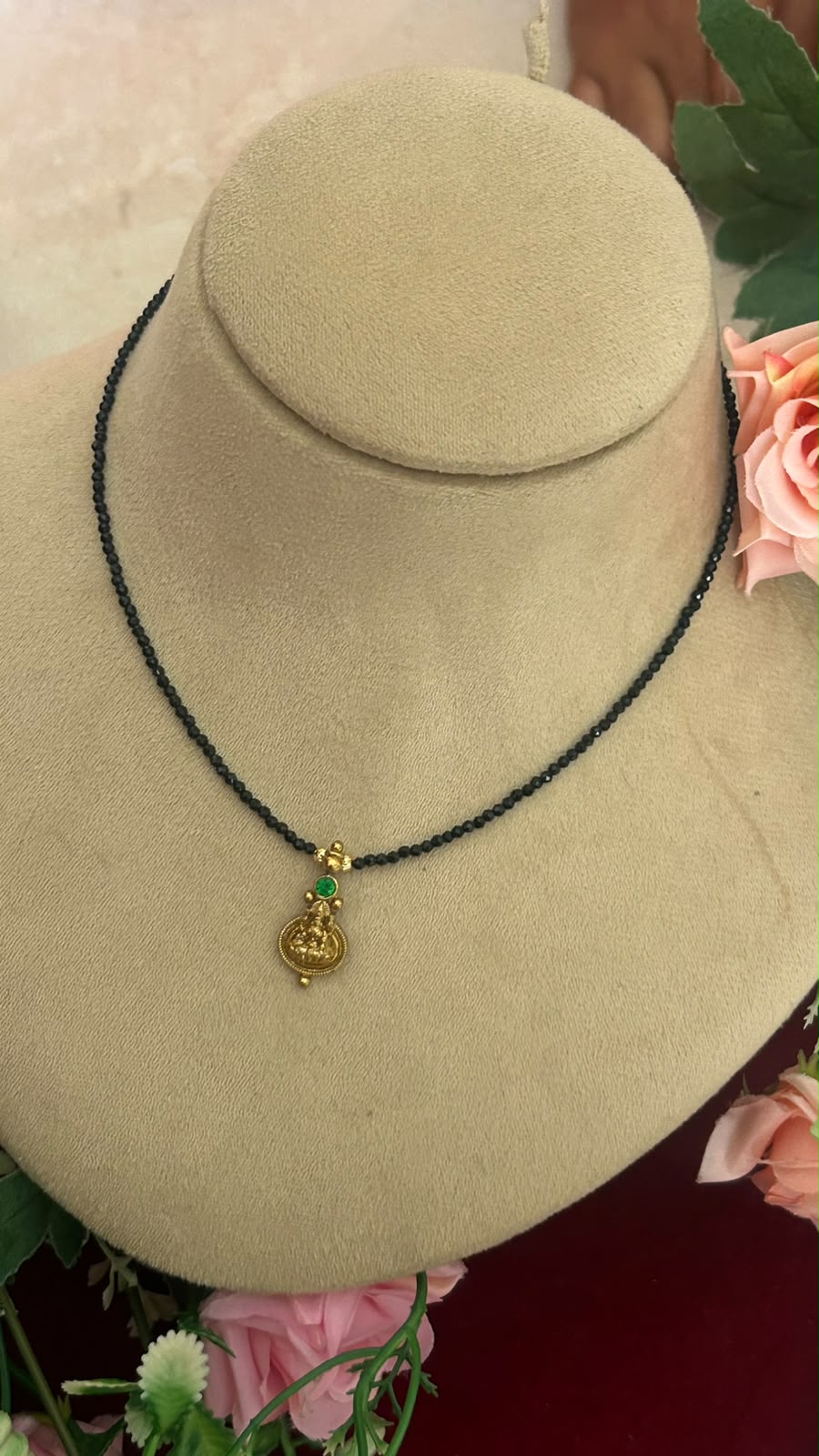 Traditional Invisible Black Beads Necklace with Lakshmi Coin Pendant and Green Stone for Women