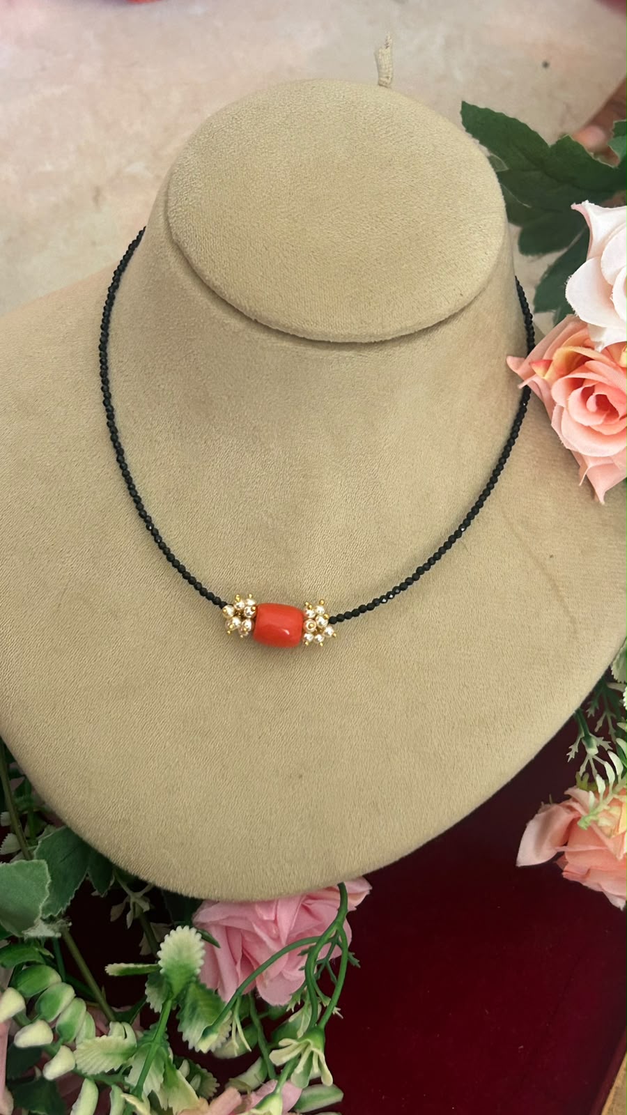Elegant Invisible Black Beads Necklace with Red Coral Bead and pearl Accents for Women