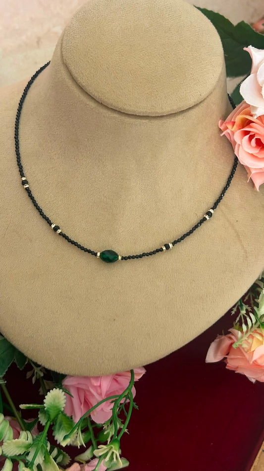 Minimalist Invisible Black Beads Necklace with Emerald Green Crystal Bead and Gold-Tone  pearlsfor Women