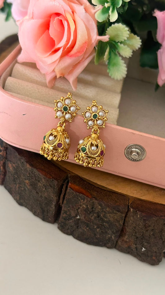 Antique Gold Pearl Floral Jhumka Screw Back Earrings with Multicolor Stones