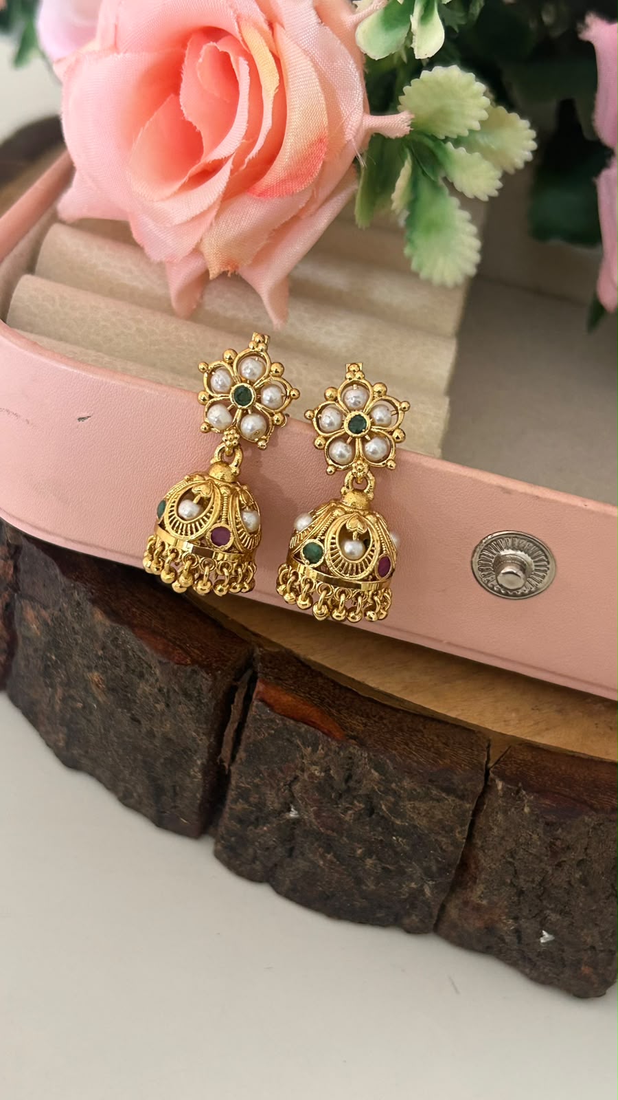 Antique Gold Pearl Floral Jhumka Screw Back Earrings with Multicolor Stones