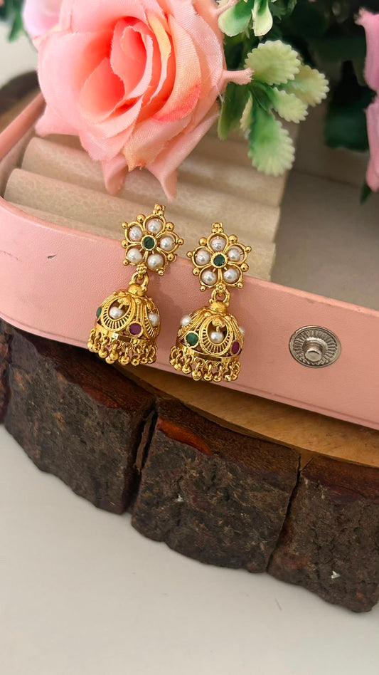Antique Gold Pearl Floral Jhumka Screw Back Earrings with Multicolor Stones