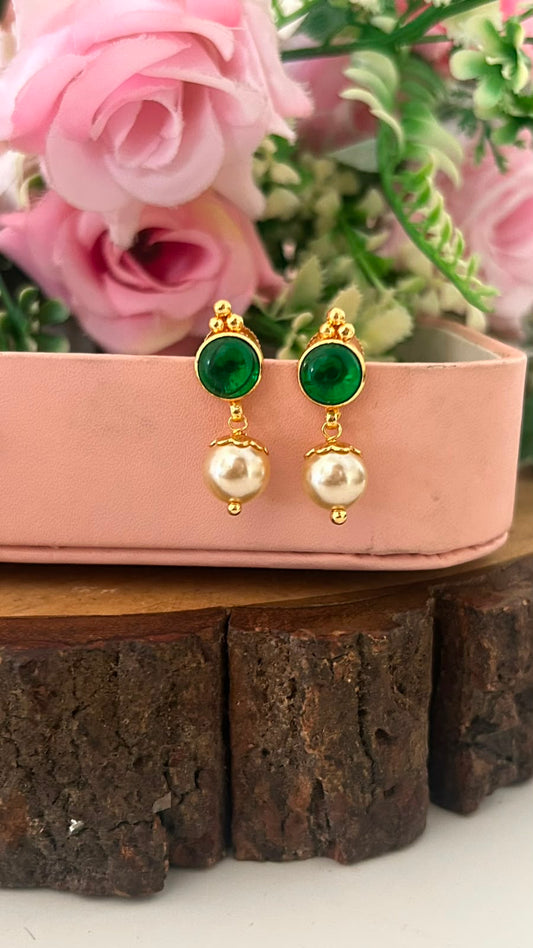 Green Stone Pearl Drop Gold-Plated Push Back Earrings for Women