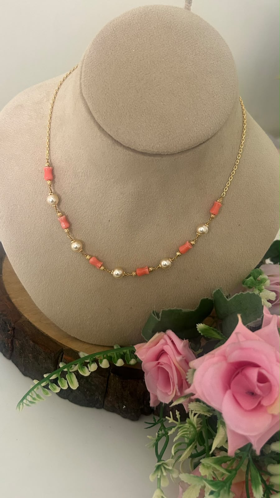 Handmade Pink Coral Beads and Pearl Minimalist Chain Necklace