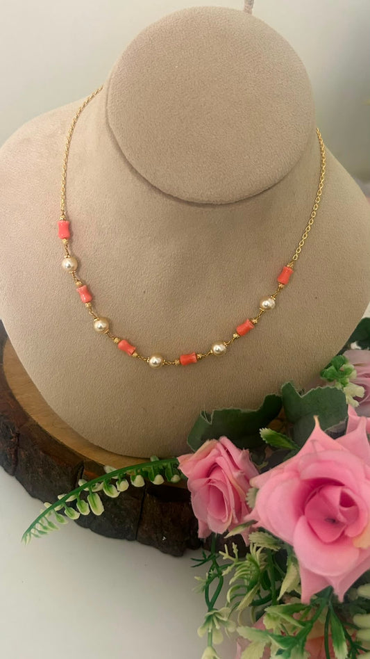Handmade Pink Coral Beads and Pearl Minimalist Chain Necklace