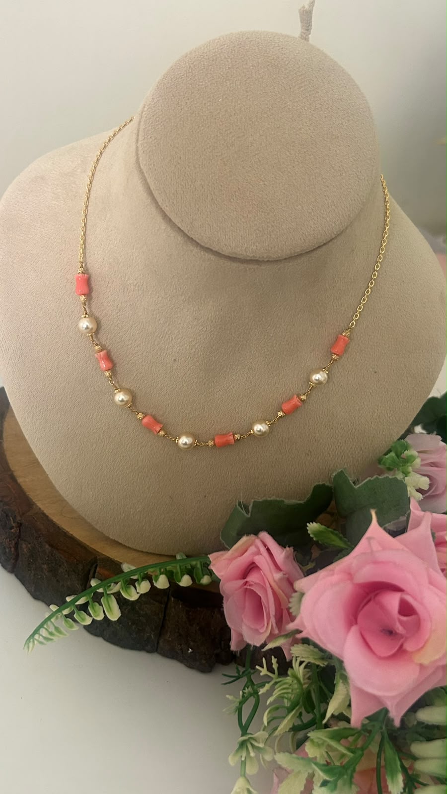 Handmade Pink Coral Beads and Pearl Minimalist Chain Necklace