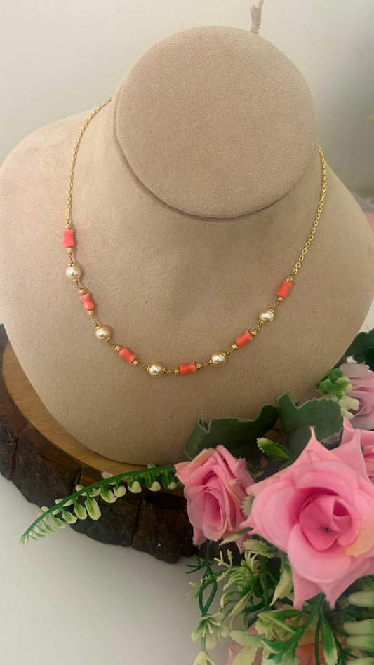 Handmade Pink Coral Beads and Pearl Minimalist Chain Necklace