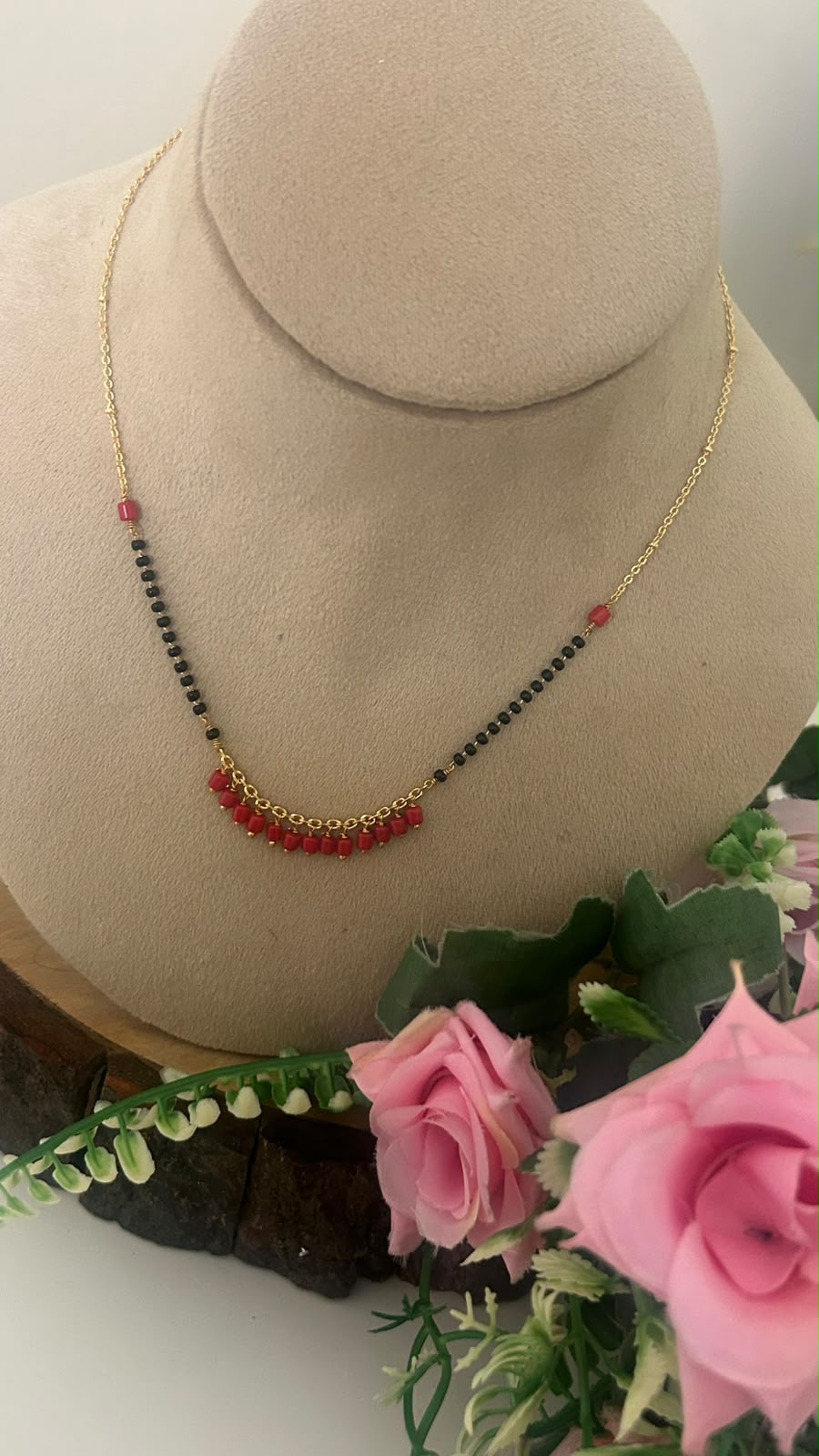 Minimalist Black Bead Mangalsutra Chain with Red Coral Bead Drops for Women