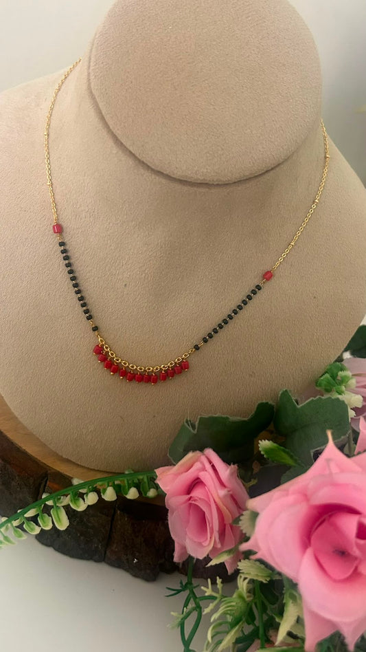 Minimalist Black Bead Mangalsutra Chain with Red Coral Bead Drops for Women