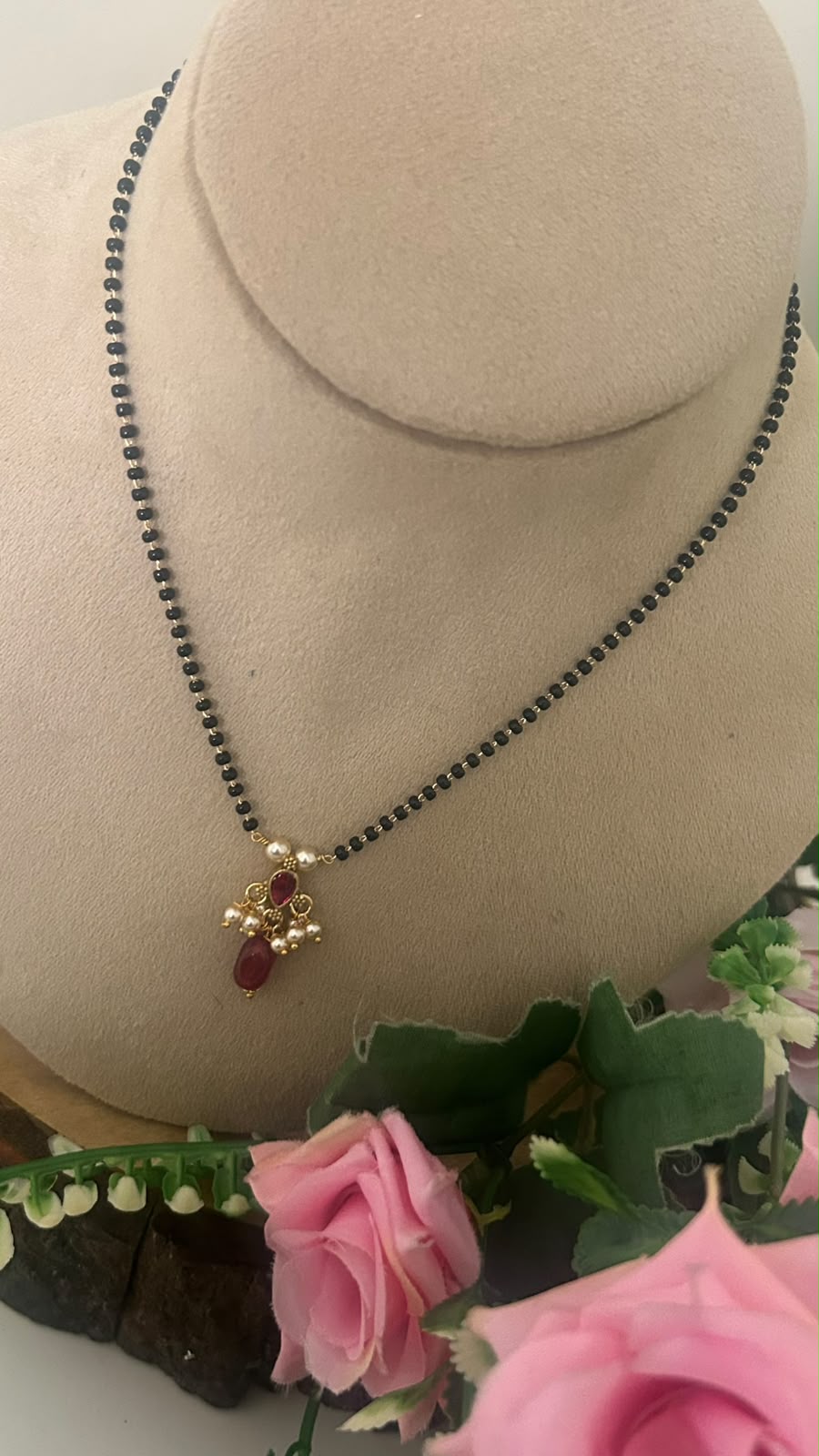 Ruby Stone  kundan Pendant Black Beads Mangalsutra with Pearl Cluster for Women