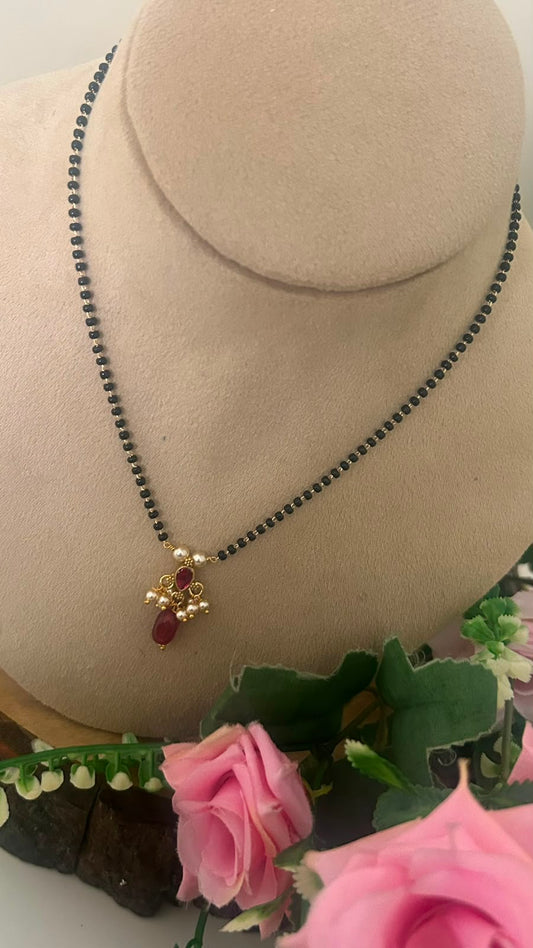 Ruby Stone  kundan Pendant Black Beads Mangalsutra with Pearl Cluster for Women