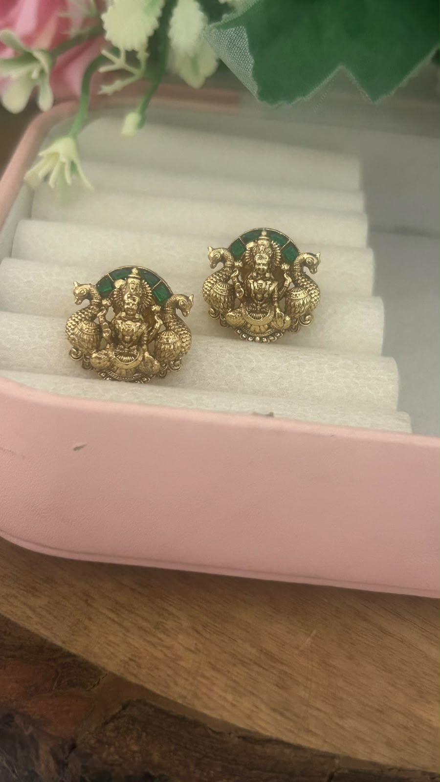 Antique Gold Finish Lakshmi Peacock Pushback Earrings with Green Kundan Backside Work
