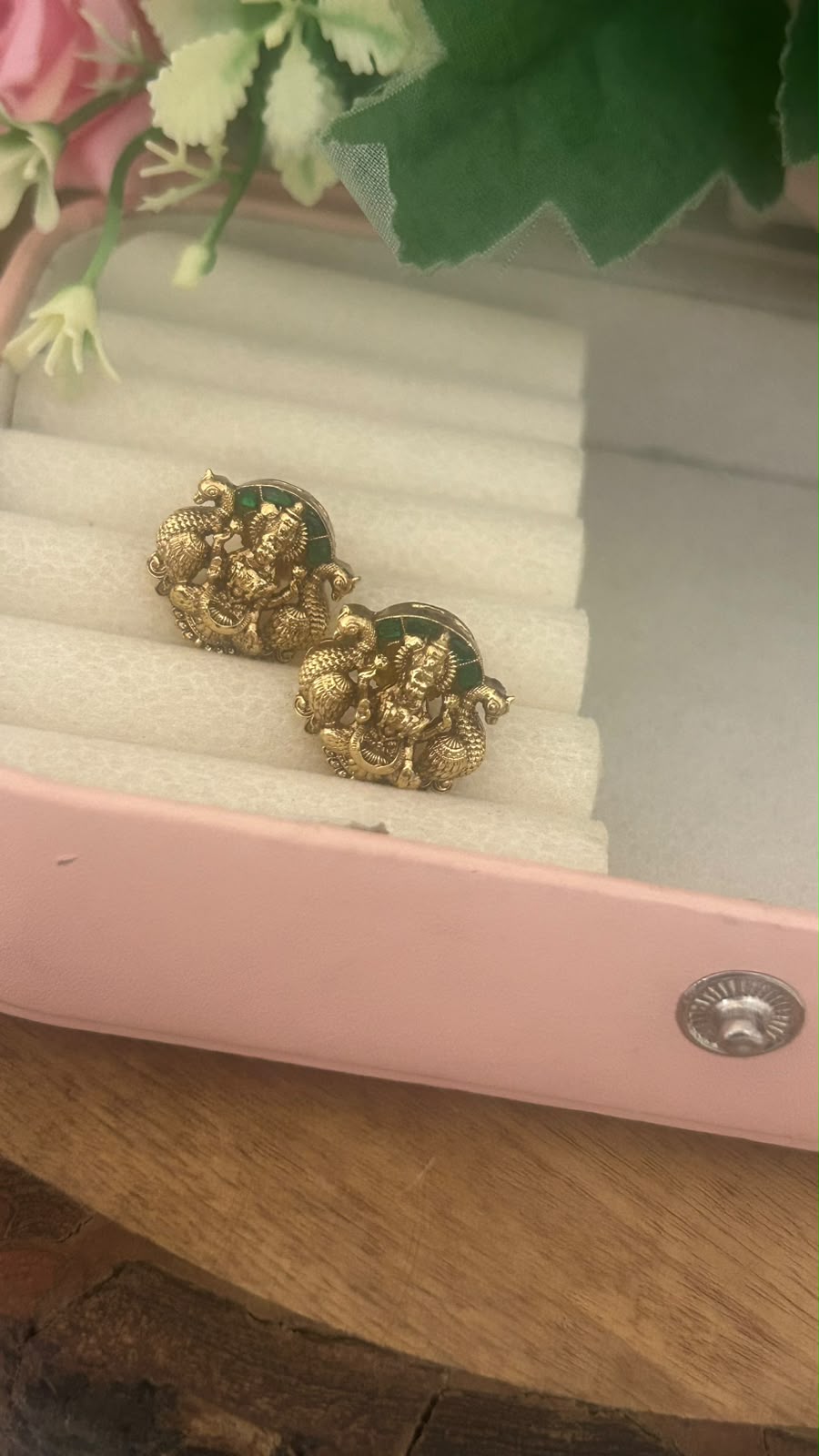 Antique Gold Finish Lakshmi Peacock Pushback Earrings with Green Kundan Backside Work