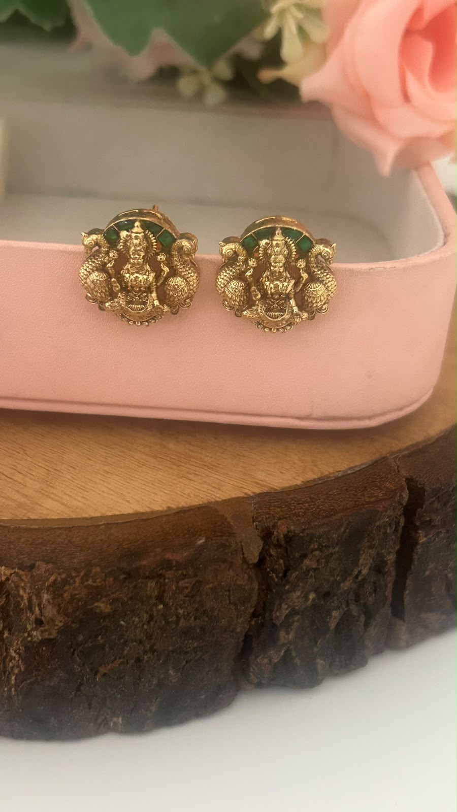 Antique Gold Finish Lakshmi Peacock Pushback Earrings with Green Kundan Backside Work
