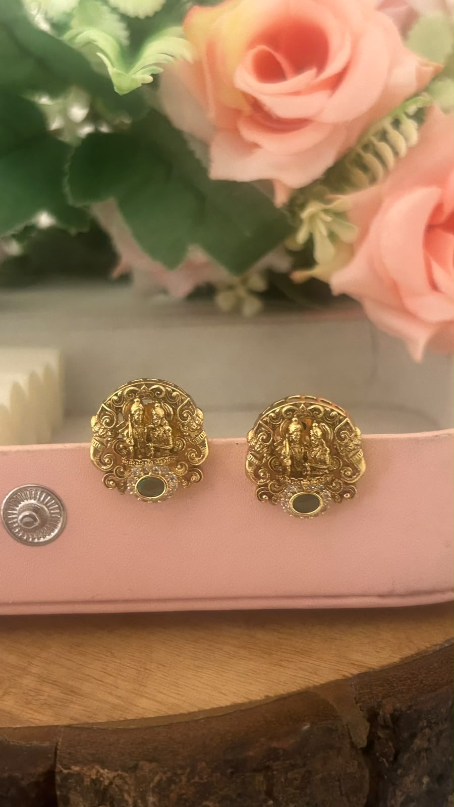 Antique Gold Finish Shiva Parvati Temple Pushback Earrings with Stone Work