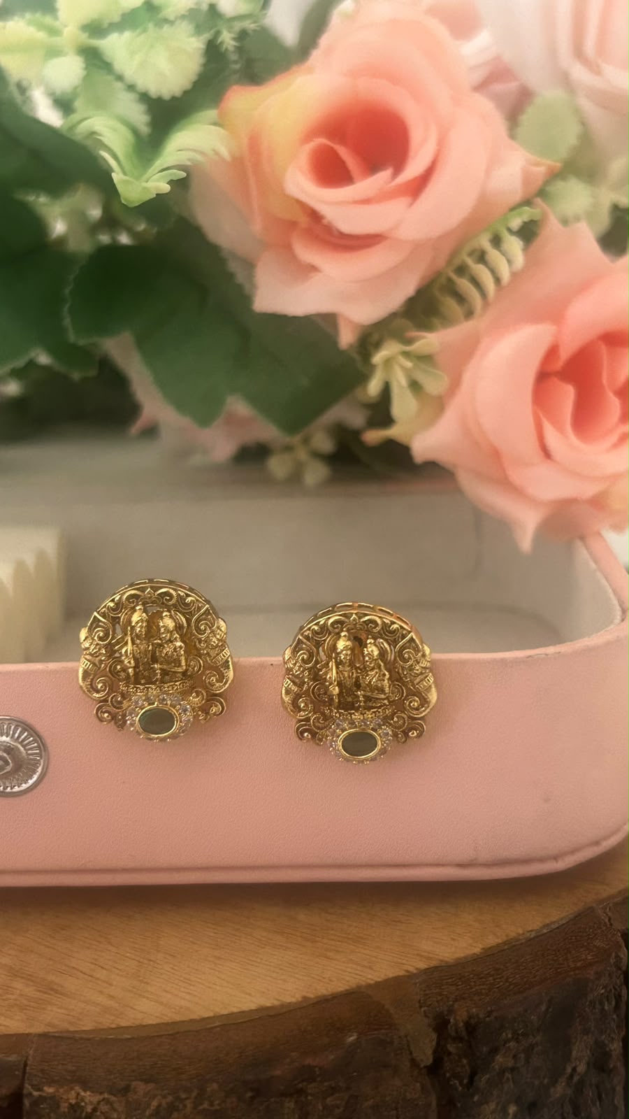 Antique Gold Finish Shiva Parvati Temple Pushback Earrings with Stone Work