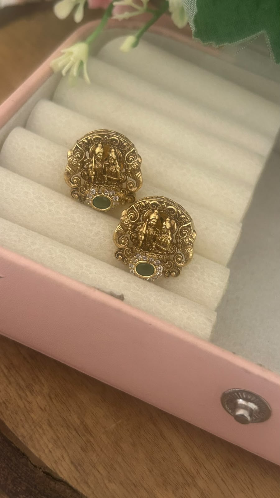 Antique Gold Finish Shiva Parvati Temple Pushback Earrings with Stone Work