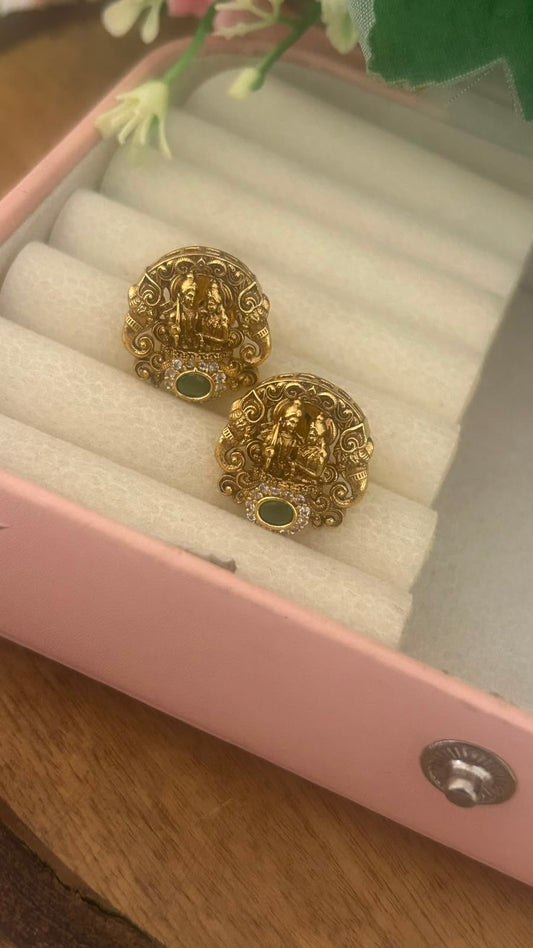 Antique Gold Finish Shiva Parvati Temple Pushback Earrings with Stone Work
