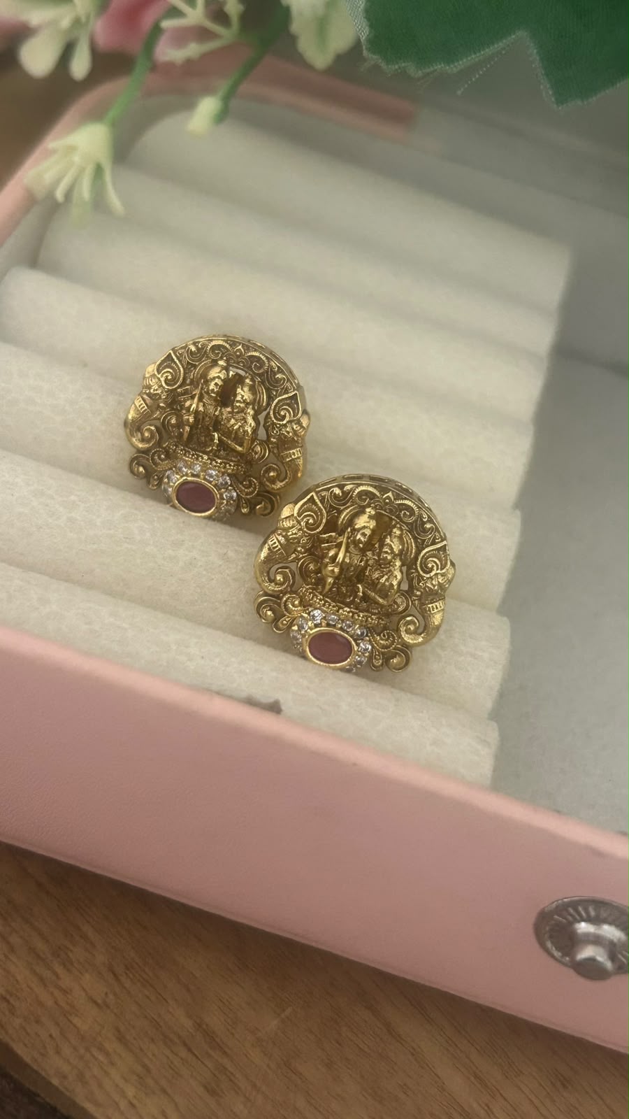 Antique Gold Finish Shiva Parvati Temple Pushback Earrings with Stone Work