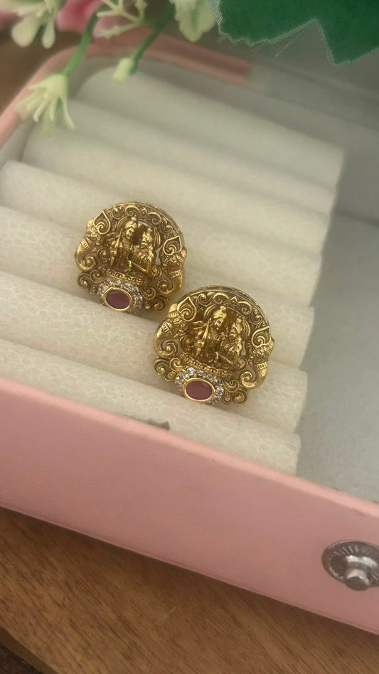 Antique Gold Finish Shiva Parvati Temple Pushback Earrings with Stone Work