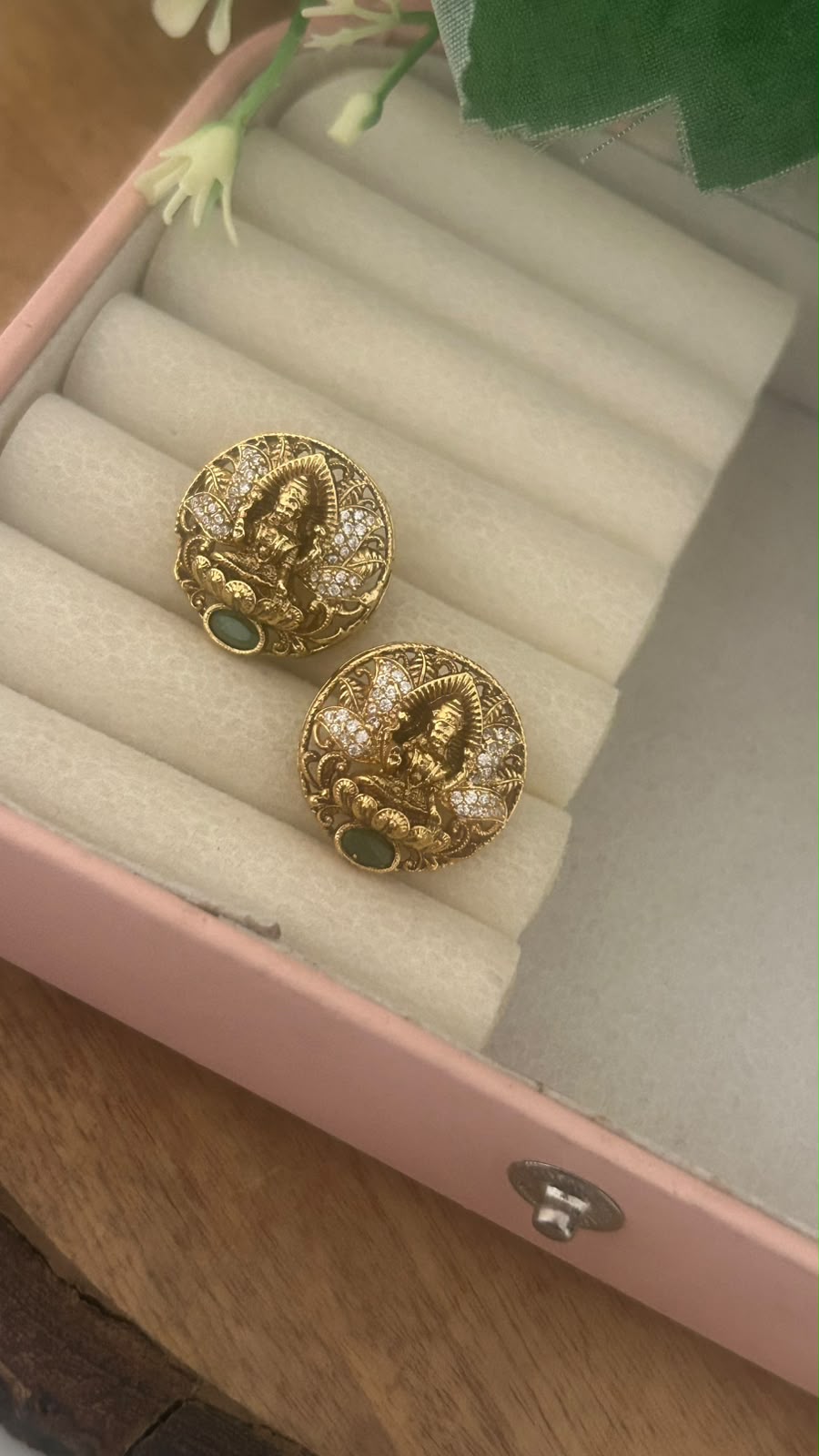 Antique Gold Finish Lakshmi Devi Round Pushback Earrings with Stone Work