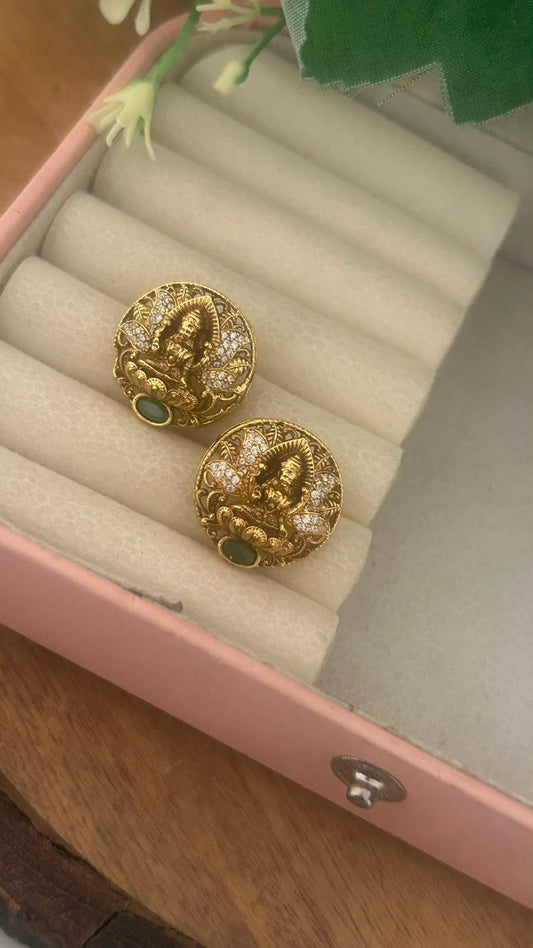 Antique Gold Finish Lakshmi Devi Round Pushback Earrings with Stone Work
