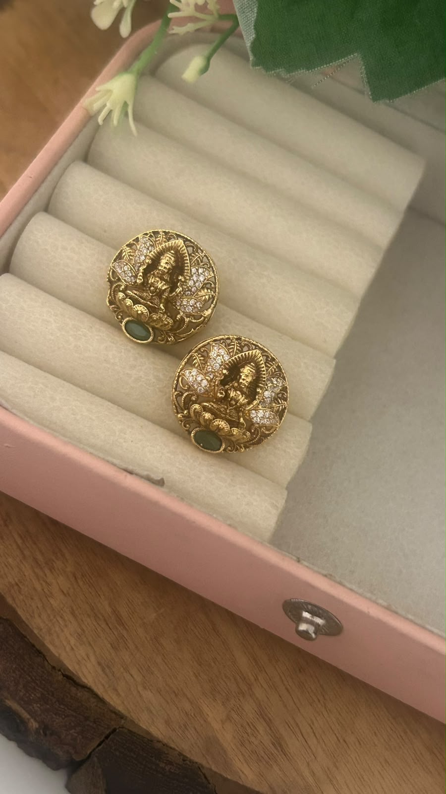 Antique Gold Finish Lakshmi Devi Round Pushback Earrings with Stone Work