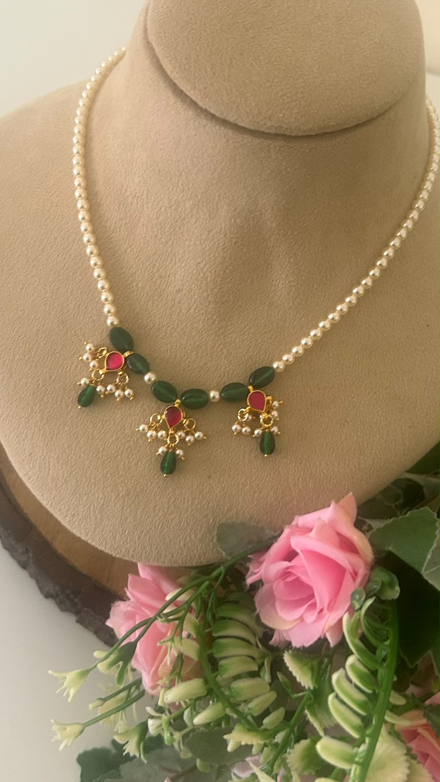 Traditional Pearl Necklace with Ruby Kundan Drops,  cz Green Beads and Pearl Hangings