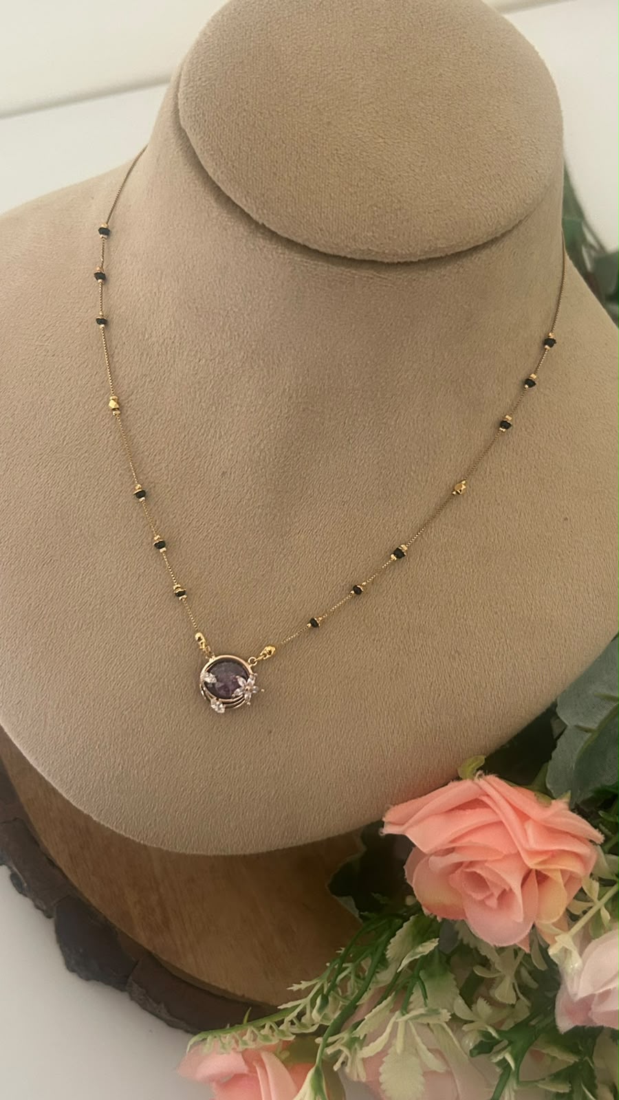 Elegant Black Beads Mangalsutra Chain with Purple Stone Pendant