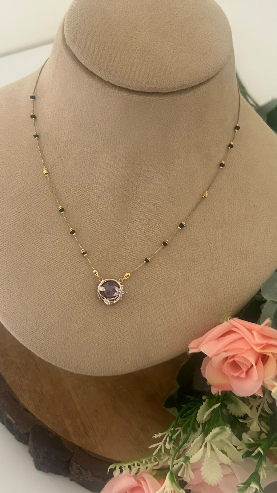 Elegant Black Beads Mangalsutra Chain with Purple Stone Pendant