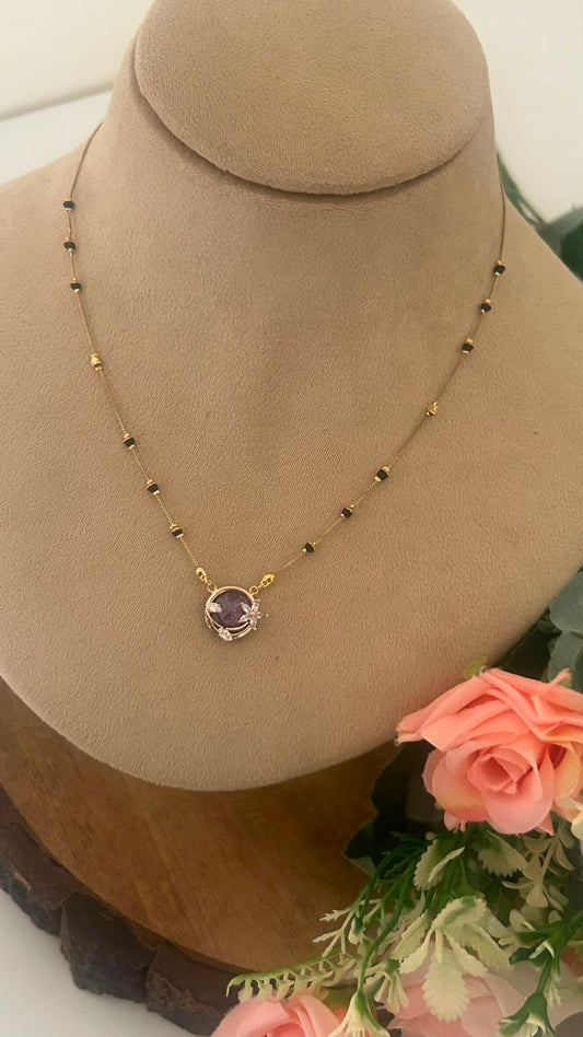 Elegant Black Beads Mangalsutra Chain with Purple Stone Pendant